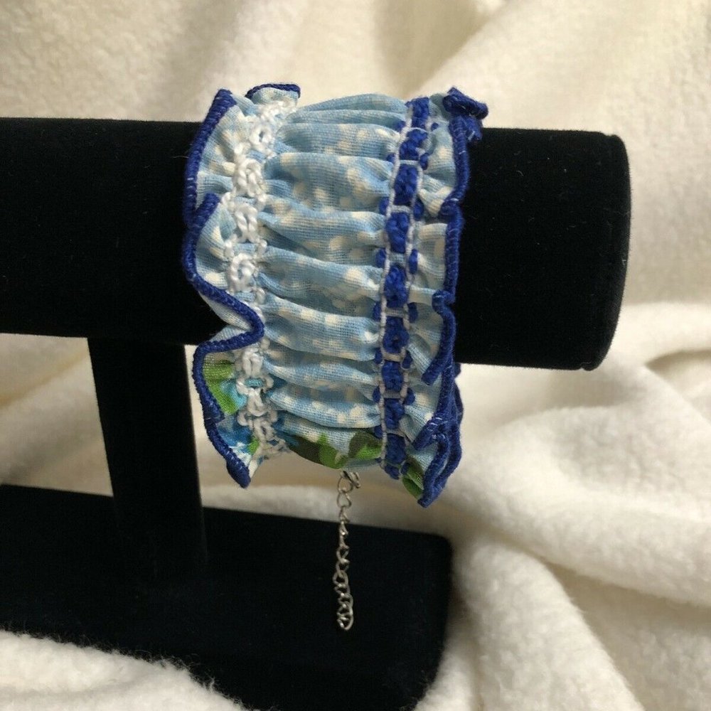BOHO Stretch Blue Green Ruffle Lace Adj. Bracelet Handmade Hand Sewn New